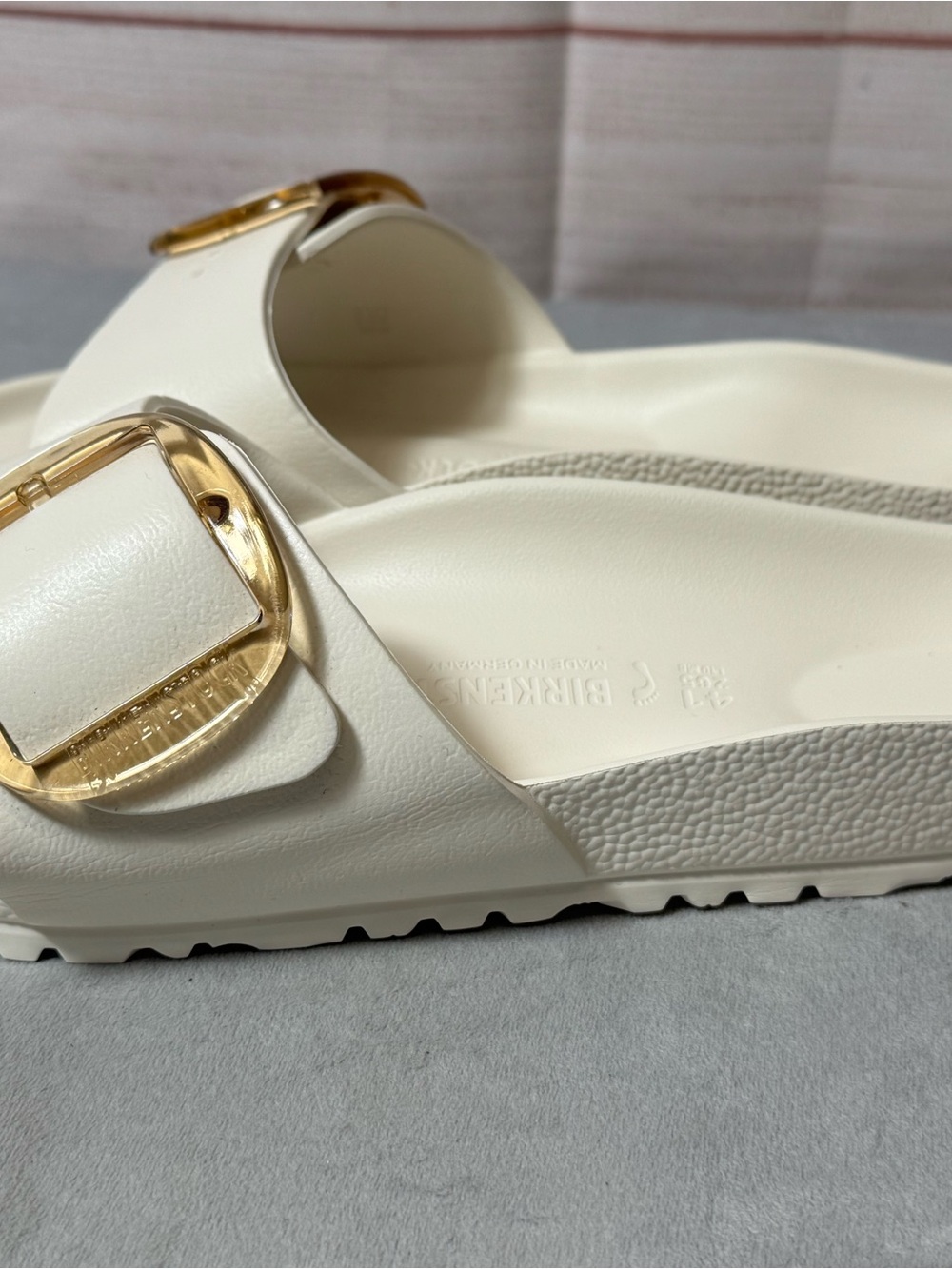 Birkenstock White Madrid EVA Slide with Gold Buckles